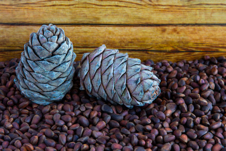 Pine nuts. Pine nuts and cones on a wooden table. Seeds of Siberian pine in the shellの写真素材
