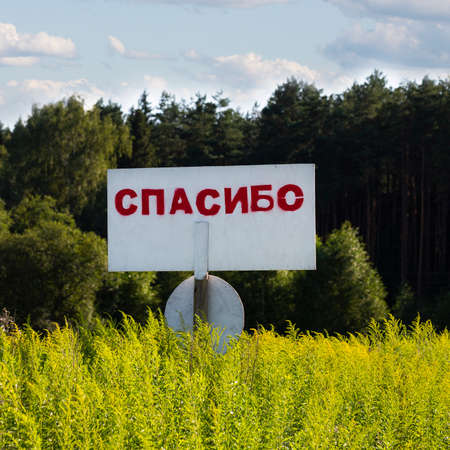 a word of gratitude on a road sign in a field on a summer day. Thank youの写真素材