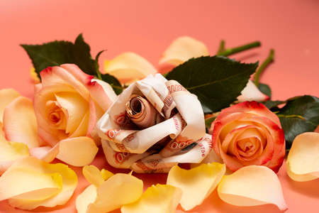 flowers origami banknotes the rose is made of 5000 Russian banknotes. concept-favorite flowers are moneyの写真素材