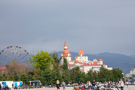 Adler, Russia - April 11, 2021-Hotel in the style of the medieval castle Bogatyr in Sochi Parkのeditorial素材