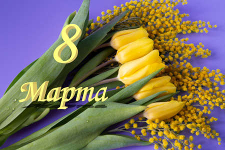 Banner of the International Womens Day on March 8. A greeting card in the form of a blue leaflet...