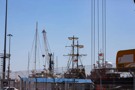 Sochi, Russia - May 10.2022, Parking small boats are in the berth of the seaport of Adler on the...