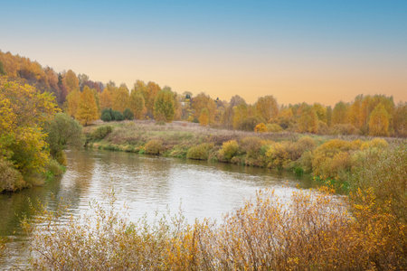 Autumn forest on the river bank. Forest river in autumn. Autumn forest river. Autumn river forest landscapeの写真素材
