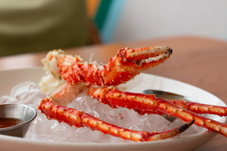 Fresh, juicy and tasty poached whole Alaskan king crab or Taraba crab in their shell on ice bed. Sweet and flavorful. Low in saturated fat and also have omega-3 fatty acid.の写真素材