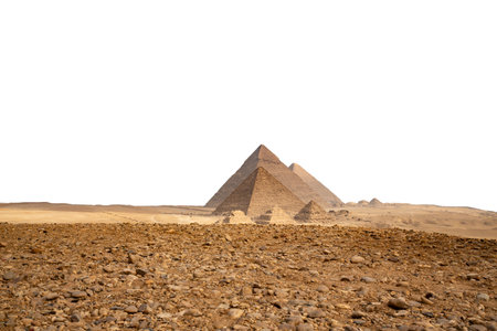 Egypt. Cairo - Giza. General view of pyramids from the Giza Plateau isolated on a white background. (three pyramids known as Queens' Pyramids on front sideの写真素材