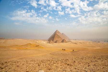 Egypt. Cairo - Giza. General view of pyramids from the Giza Plateau (three pyramids known as Queens' Pyramids on front sideの写真素材