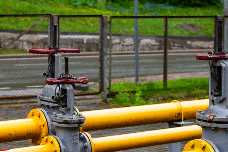 Gas pipeline oil industry. Yellow gas pipe power technology. Fuel energy equipment. Gas industryの写真素材