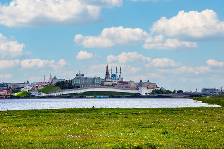 Panorama of the Kazan Kremlin, Russia. The panorama shows in Kremlin: Presidential Palace, Soyembika Tower, Annunciation Cathedral, Qolsharif Mosque outside Kremlin: Palace of Farmers.の写真素材