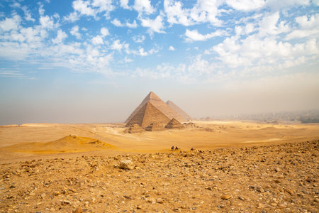 Egypt. Cairo - Giza. General view of pyramids from the Giza Plateau (three pyramids known as Queens'...