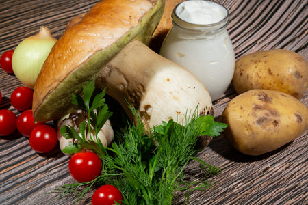 Roast mushroom Boletus edulis. Ingredients for cooking roast: large mushroom Boletus edulis,...