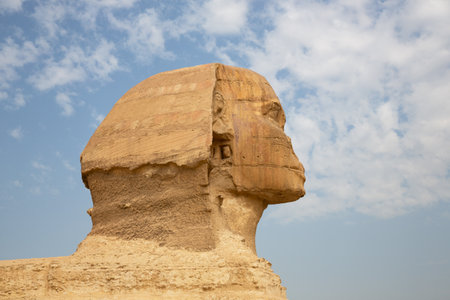 Beautiful profile of the Great Sphinx including pyramids of Menkaure and Khafre in the background on...