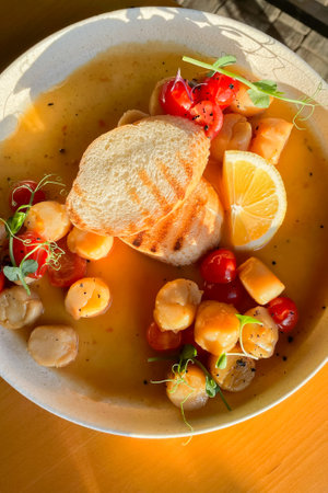 Fried Portuguese scallops in white wine sauce with lemon, tomatoes and toast. Seafood, Mediterranean...