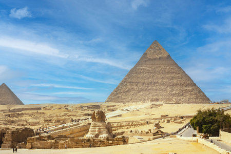 The Sphinx and Pyramid against the background of a beautiful blue sky ,Cairo,Giza, Egypt