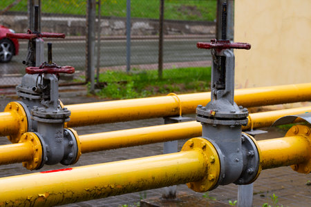 Gas pipeline oil industry. Yellow gas pipe power technology. Fuel energy equipment. Gas industry