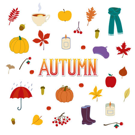 Autumn fall leaves, berries, fruit, vegetables, clothes, candles, pumpkin. Seasonal lettering.  Template designのイラスト素材
