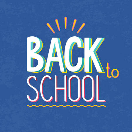 Vector illustration of text sign -back to school - on blue texture background. Lettering, typography. For School autumn sale, presentation, 1 September template, web.のイラスト素材