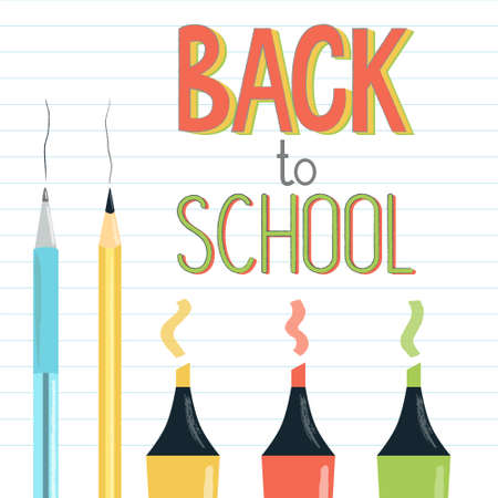Back to school sign on ruled notebook page and color swatches of pen, pencil and yellow, green and red highlighters.のイラスト素材