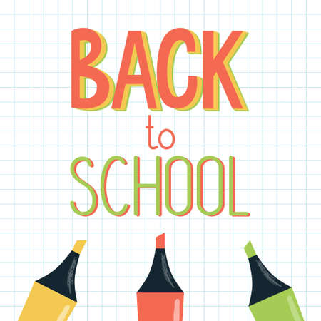 Vector illustration of a welcome sign - Back to school - made with markers or highlighters on squared notebook page. For school autumn sale, banner, presentation, web template.のイラスト素材