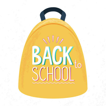 Vector illustration of bright yellow backpack with colorful welcome text sign - back to school. School autumn sale. Lettering design. Template, placard, postcard, design, flyer, presentation, webのイラスト素材
