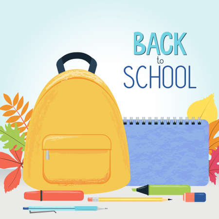 Vector illustration of autumn leaves, school backpack, supplies and sign - Back to school - on blue sky background. For School autumn sale, presentation, 1 September template, web design.のイラスト素材