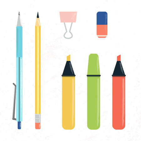 Vector illustration set of school, office or study supplies on light texture background. Pen, pencil, colorful highlighters and markers, rubber, binder clip. For back to school sale, presentationのイラスト素材