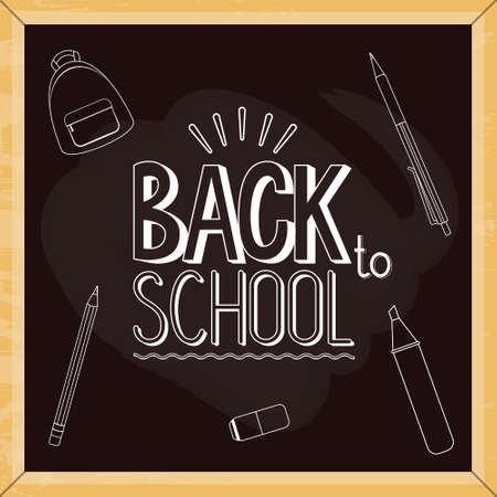 Vector illustration of school chalkboard or blackboard with back to school text sign and chalk drawings of school supplies on background. Backpack, pen, pencil, highlighter, marker, rubber. Saleのイラスト素材
