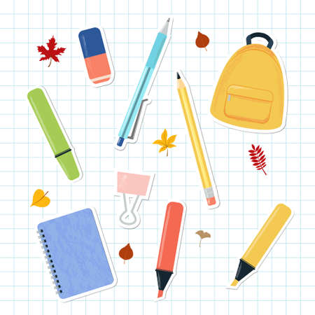 Vector illustration set of school and study supplies and stationary stickers on squared notebook page. Autumn leaves, backpack, pen, pencil, colorful liner, marker, notebook, rubber, binder clip. For School sale.のイラスト素材
