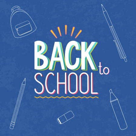 Vector illustration of blue chalkboard or blackboard with colorful back to school text sign and chalk drawings of school supplies and stationary. Backpack, pen, pencil, highlighter, marker, eraserのイラスト素材