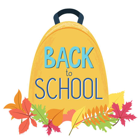 Vector illustration of bright yellow backpack in autumn red, yellow and orange leaves. With colorful welcome text sign - back to school. School autumn sale. Lettering design. Template, 1 September.のイラスト素材