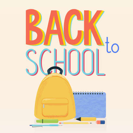 Illustration of different school supplies, yellow backpack and sign Back to school on the background. Notebook, pen, pencil, highlighters or markers and eraser.のイラスト素材