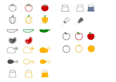 Vector flat line illustration of icons, logo of food, products and healthy life, staying fit and full of energy. Green, red, grey, blue, yellow pictograms of tomatoes, cucumber, bell sweet pepper, meat, chicken, pork, turkey, salt, sugar, peppeのイラスト素材