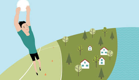 Vector illustration young sportsman playing freestyle flying disc , jumping high to catch disc. Outdoor sport activity in a park, field or countryside. Sport student and teenage camp.のイラスト素材