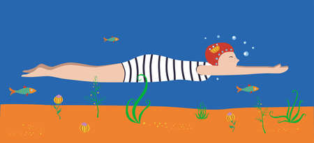 Vector cartoonish illustration of a girl or woman swimming and diving under the water in the sea, river or lake, surrounded by fish, seaweeds, underwater plants for children book, card or poster, advertisement, swimming pool or learning to swim courses.のイラスト素材