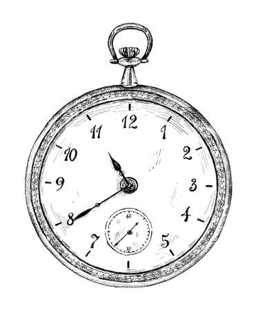 Vector black and white ink hand drawn illustration or logo of antique, vintage, old fashioned clock or pocket watches, isolated on white backgroundのイラスト素材