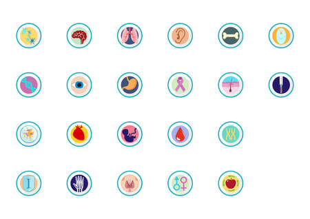 Vector illustration of icons, logo or pictograms of human body organs and parts for medical infographic, scheme, hospital design or interior, diagram for doctor or medical student, medical education or patients, medicine and health symbolsのイラスト素材
