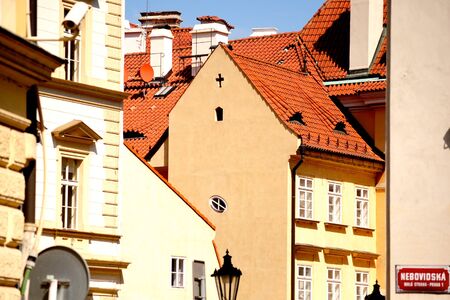 Typical houses of Old Prague with street signの写真素材