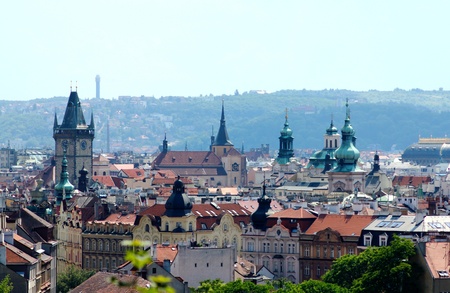 Panoramic view of Prague center and Old Town Square on a sunny dayの写真素材