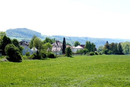 Rural landscape, green fields and hillsの写真素材