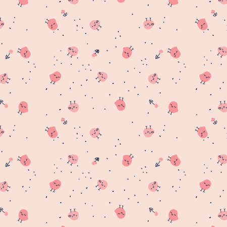 Pattern with little pink chickens in different poses and flowers.のイラスト素材