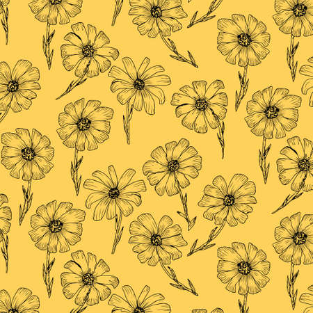 Hand drawn vector black outline flowers against yellow background. Botanical monochrome image.の写真素材