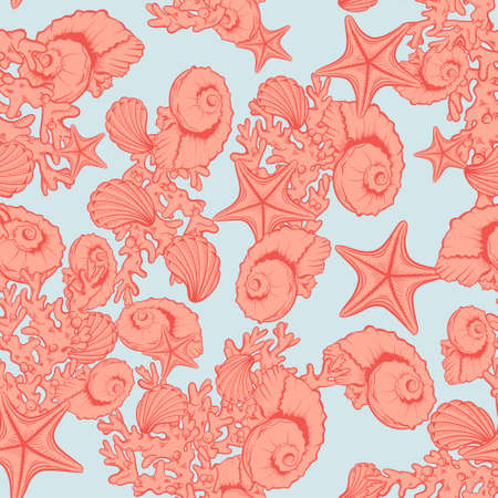 Ocean seashell, coral, starfish pattern background.