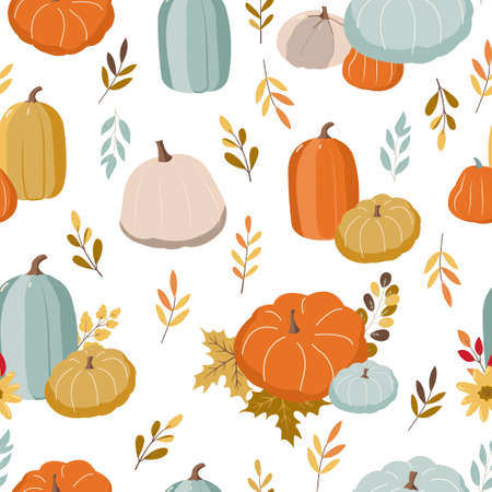 Hand drawn seamless pattern with autumn leaves and pumpkins, autumn mood.のイラスト素材