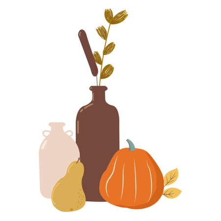 Autumn background with pumpkins, autumn leaves, vector illustration.のイラスト素材