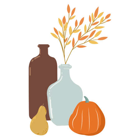 Autumn background with pumpkin, autumn leaves, ceramics, vector illustration.のイラスト素材