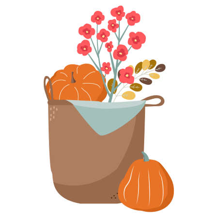 Autumn background with pumpkins, autumn leaves, vector illustration.のイラスト素材