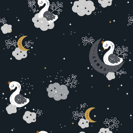 Beautiful Seamless Pattern with white Swans, Moon and Starsのイラスト素材