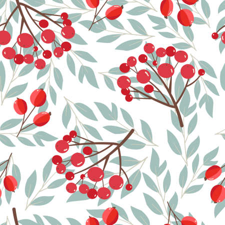 Hand drawn seamless pattern with autumn leaves and rowanberry , autumn mood.のイラスト素材