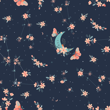 Seamless Floral Pattern with butterfly, moon in vectorのイラスト素材