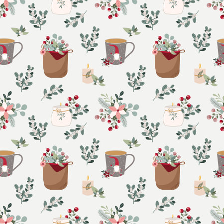 Christmas hand drawn floral seamless vector pattern with candles and ceramicsのイラスト素材