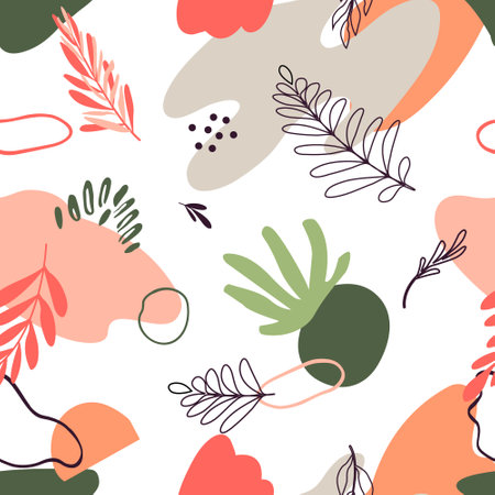 Contemporary pattern with plant, abstract shapes
